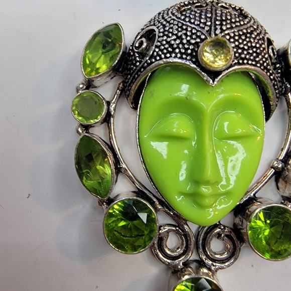 Sterling Silver Pendant with Green Carved Face and Lemon Quartz Accents - Picture 5 of 13